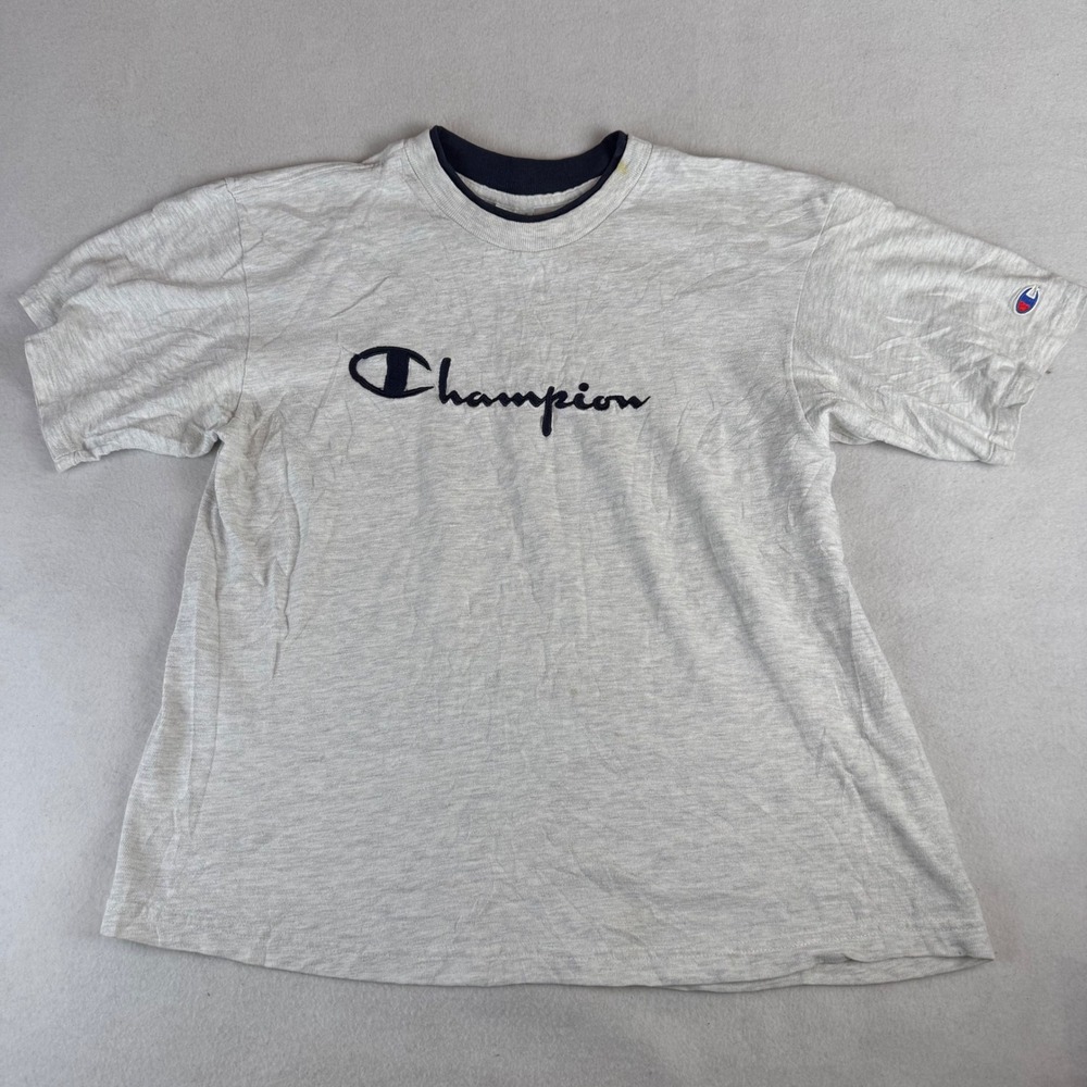 Champion Script Logo T-Shirt Mens Large Gray‎ Ringer Made in USA 90s Tee